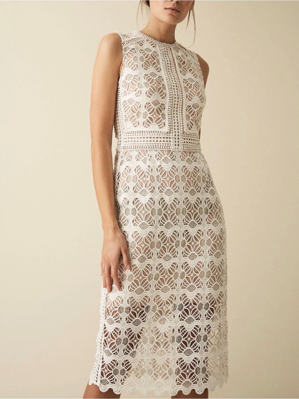 REISS White Lace Midi Dress